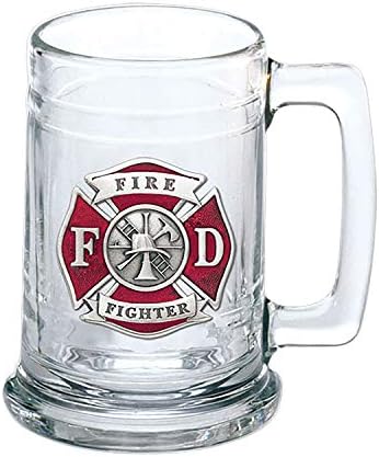 Heritage Pewter Firefighter Beer Stein Glass | 15 Ounce German-Style Beer Glass | Intricately Crafted Metal Pewter Alma Mater Inlay