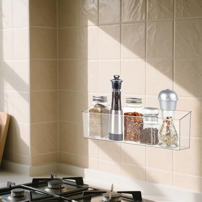 2 Pack Spice Rack, Wall Mounted Storage Organizer Bins, Clear Plastic Seasoning Jars Rack Condiment Bottles Shelf Removable Makeup Organizer for Kitchen Cabinet Doors Pantry RV Organization