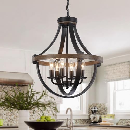 SZZYAJG Farmhouse Chandelier for Dining Room,6-Light Rustic Wood Chandelier Entryway Light Fixtures, Industrial Black Pendant Lights for Kitchen Island Entrance Foyer Bedroom Living Room Hallway