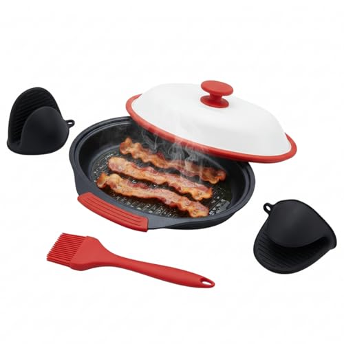 GOVNPJ Microwave Grill Pan, 10.6x8.3x4 Inch Non-Stick Microwave Cookware with Silicone Lid, Includes...