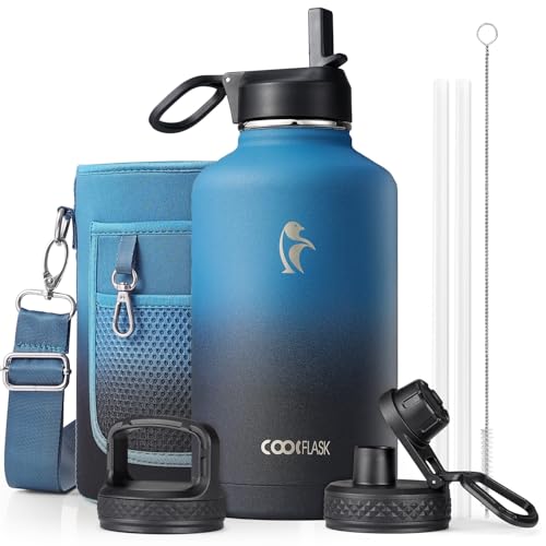 Half Gallon Water Bottle Insulated with Straw & 3 Lids, Coolflask 64 oz Water Jug Large Metal Stainless Steel Wide Mouth for Sports, Gym or Office, Non-BPA Keep Cold 48H Hot 24H, Samurai Cyan