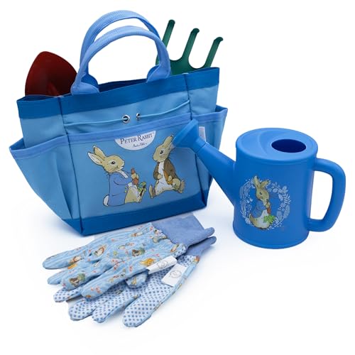 Peter Rabbit Childrens Gardening Set | 5 Piece Kids Garden Tool Kit | Watering Can Rake Spade Gloves & Carry Bag | Official Licensed Gift