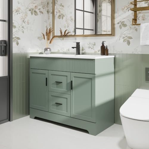 Image of eclife 42 inch Bathroom Vanities Sink Combo with Painted Surface, Modern Drawered Cabinet W /Decorative Wave Lines, Undermount Single White Sink, Matte Black Faucet Drain, Gray Green