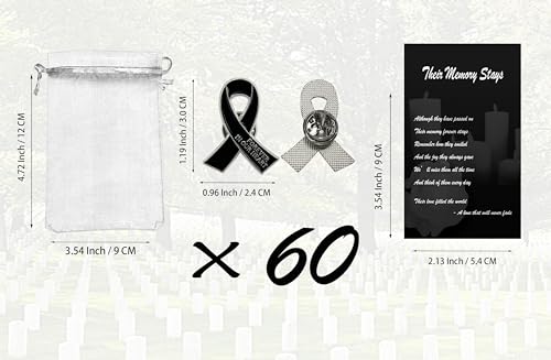 Image of 60 Set Funeral Ribbon Pins Memorial Pin Forever in Our Hearts Lapel Pin Remembrance Brooch with Prayer Cards & Organza Bags