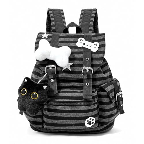 CEUTNIZ Y2K Stripes Backpack Small Cute Coquette Aesthetic Backpack with Cat Decor Kawaii Preppy Laptop Rucksack with Multi Pockets