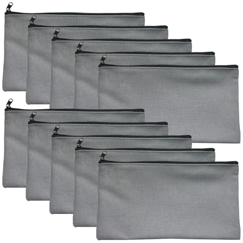 YOYEAH 10 Stück Stoffbeutel mit Reißverschluss (Grau, 21x12cm) - Klein Stofftasche Ideal für Make-up, Mäppchen, Aufbewahrung & DIY Bemalen