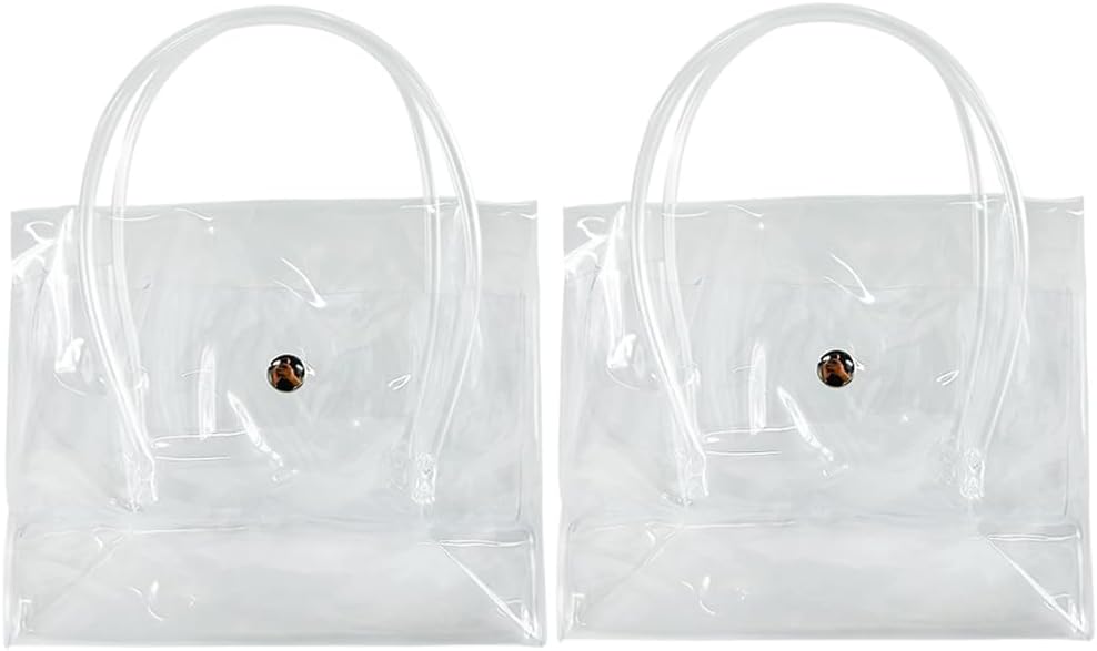 2PCS Clear Plastic Tote Bags with Buttons Closed, Simple Beach Bag Cosmetic Storage Bag for Girls. Transparent-2pcs