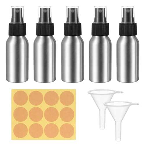 5 Pcs Bote Spray Pulverizador, 50 ml Atomizador Botella de Spray de Aluminio, sSpray Bottles Vacíos Rellenables con Bomba, para Aceites Esenciales Líquidos Cosméticos, con 2 Embudos, 1 Pegatina