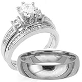 Kingsway Jewelry AAA Cubic Zirconia Wedding Ring Sets for Him and Her – Luxurious 3-Piece 925 Sterling Silver Rings Set with 8mm Titanium Band – Classic Matching Rings for Couples