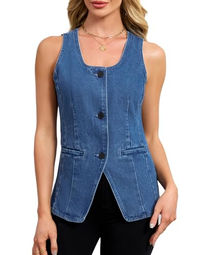 Kedera Denim Vest for Women Button Down Long Jean Waistcoat Casual Scoop Neck Sleeveless Denim Jackets Slim Fit Jean Top