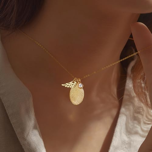 Fingerprint Necklace With Angel Wing Charm, Fingerprint Jewelry, Jewelry Gifts for Mom, Sympathy Gift, In Memory Of Mom Necklace, 925 Sterling Silver, 18K Gold Plated3