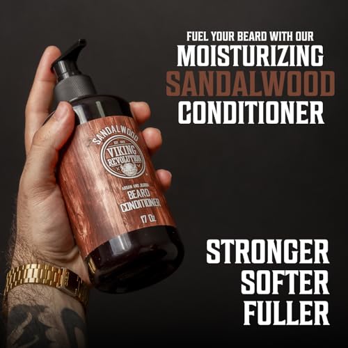 Viking Revolution Beard Wash & Beard Conditioner Set with Argan & Jojoba Oils - Softens and Strengthens - Natural Sandalwood Scent - Beard Shampoo with Beard Oil (17 oz)