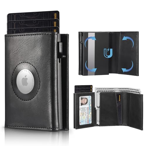DOMIPHIE Cartera para AirTag con monedero, para hombre, con protección RFID, fina, para 12 tarjetas, con interruptor magnético y mecanismo de despliegue (AirTag no incluido en el producto), Negro ,