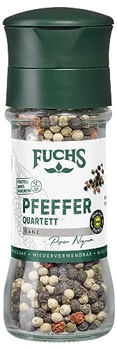 Fuchs Gewürze - Belém Pfeffer Quartett ganz - bunter Belém Pfeffer zum geschmackvollen Würzen allerlei Gerichte mit verstellbarem Mahlwerk - 55 g in wiederverwendbarer Mühle