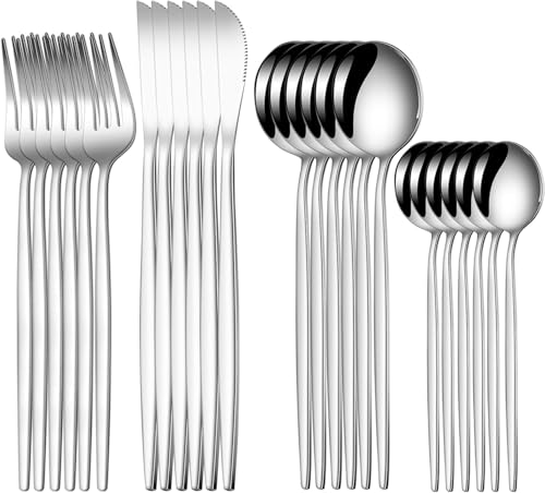 Image of Trifecta 24-Piece Silverware Set, Stainless Steel Flatware Set for 6, Fork Spoon Knife Set, Home Dinnerware Tableware Set for 6, Cutlery Set, Include Knives /Forks /Spoons (Silver)