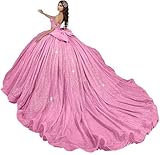 YuVanty Sparkly Quinceanera Dresses with Train Cheap Sweet 16 Dresses Puffy Long Ball Gown with Bow Off Shoulder Beaded 15 Dresses for Quinceanera Modest XV Dresses 4 Deep Pink
