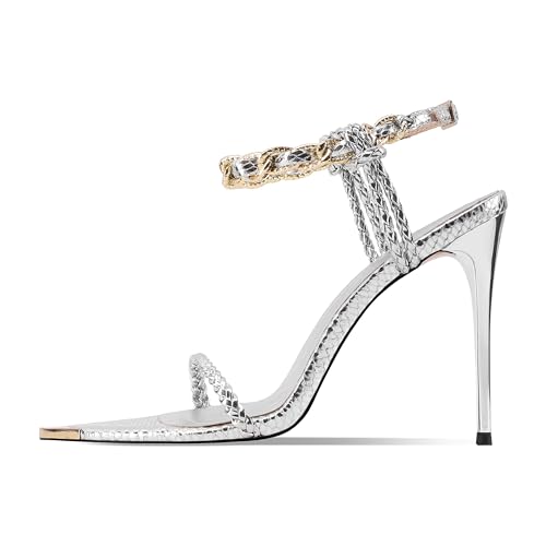 Image of Gold Strappy Stiletto Heels for Women Metallic Ankle Strap Open Toe High Heel Sandals Elegant Dress Shoes for Wedding Party Prom and Evening Events
