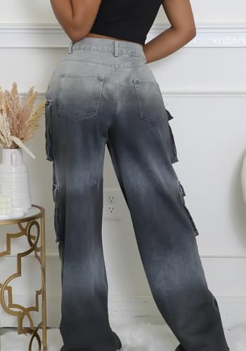 LKOUS Women’s Y2K High Waist Baggy Denim Jeans Streetwear Cargo Straight Fit Wide Leg Pants with Multiple Pockets2