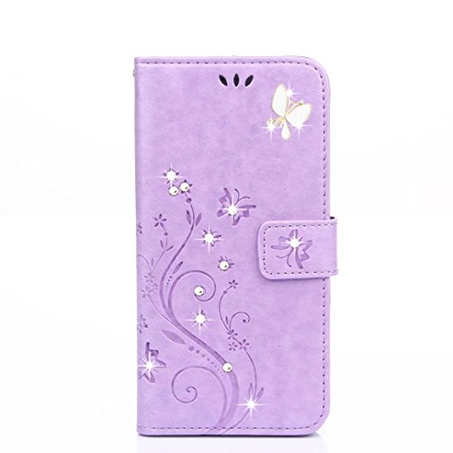 Bling iphone6 Case,Luxury 3D Fashion Wallet Case for iphone6s，Handmade Bling Crystal Rhinestone Flower Butterfly Case with Wrist Strap Flip Case Cover for iphone6s Bling(Light Purple)