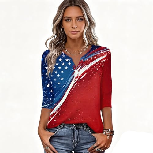 Image of 4th of July Shirts Women 3 /4 Length Sleeve Womens Tops Henley Neck Casual Patriotic T Shirts