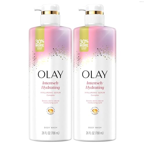 Olay Body Wash for Women, Intensely Hydrating, Hyaluronic Acid Serum Complex, Renews Moisture, Free of Parabens & Phthalates, Vitamin B3 Lameller Technology, For All Skin Types, 26 fl oz (Pack of 2)