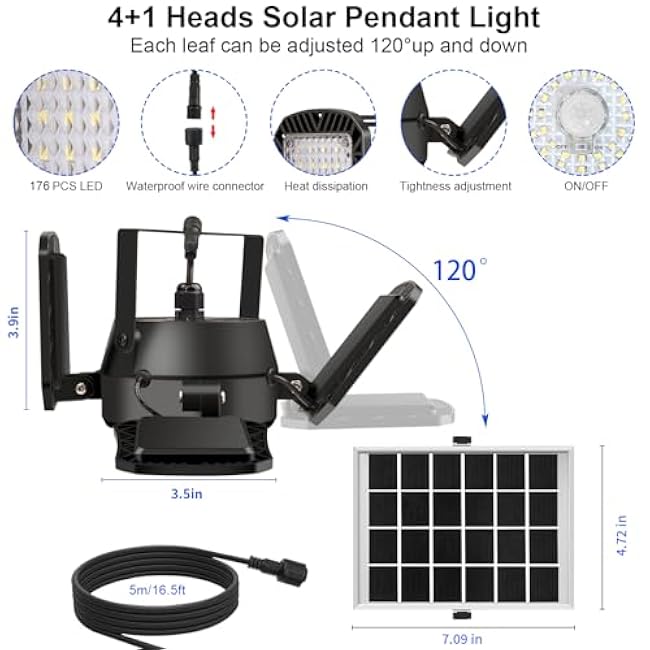Auzev Solar Powered Solar Shed Light 4 and 1 Heads 176 LED Pandent