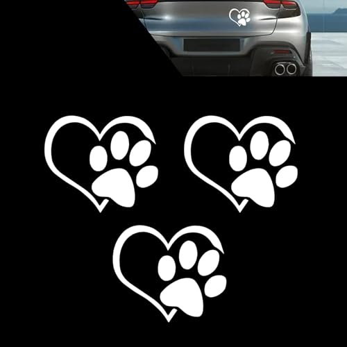 Merdege Dog Paw Decals, 3 PCS Heart Paw Vinyl Decal, Reflective Window Decorative Stickers, Sutiable for Most Cars (White)