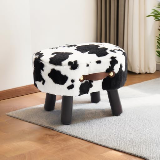 Small-Footstool-with-Handle-Faux-Fur-Ottoman-Foot-Rest-with-Padded-Seat-Curved-Foot-Stool-with-Wooden-Legs-Portable-Foot-Rest-for-Living-Room-Bedroom-Entryway-Cow Small Footstool with Handle Faux Fur Ottoman Foot Rest with Padded Seat Curved Foot Stool with Wooden Legs Portable Foot Rest for Living Room Bedroom Entryway Cow
