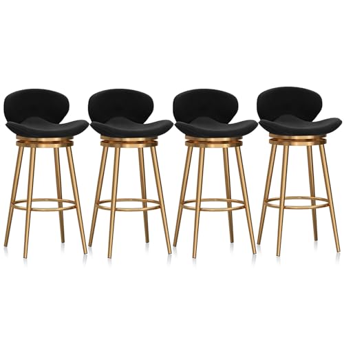 Juego de 2 taburetes giratorios de terciopelo negro con respaldo y reposapiés dorados, 29.5 pulgadas de alto, ideales para comedor, hogar, bar, isla de cocina, elegantes taburetes de bar de Chasing