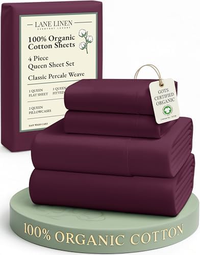 LANE LINEN 100% Organic Cotton Sheets Queen Size, Classic Percale Weave Fully Elasticized Breathable Queen Cotton Sheet Set, Machine Washable Soft & Comfy Queen Sheet Set - Windsor Wine