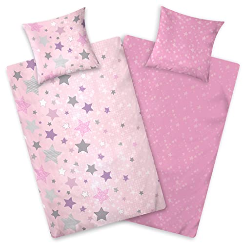 Aminata kids Bettwäsche Biber Sterne rosa 135x200 Kinder Baumwolle Sternen-Motiv, Reißverschluss warm & kuschelig, Flanell-Winter-Bettwäsche-Set - Wendebettwäsche rosa weiß