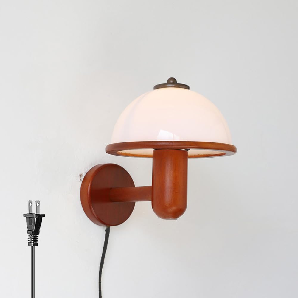 SXSCARKX Modern Home Decoration Plug In Wall Sconce Mid Century With White Milk Shade Rustic Wood Mount Light Hardwired Bedroom Lamp Farmhouse Vintage Lighting Fixture For Bedside