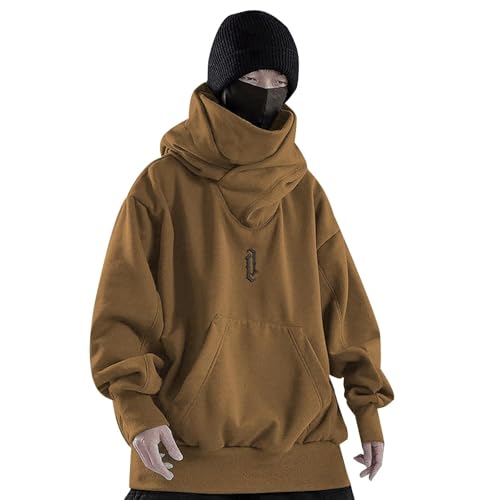 Mens Long Sleeve Hooded Cowl Neck Sweatshirt Solid Lightweight Hanging Out Pullover Turtleneck Street-Style Hoodie