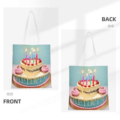 Happy Birthday Big Cake Print Polyester Canvas Tote Bag, Shopping Bag With Reinforced Handles, Reusable3