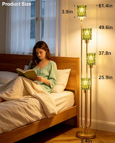 Image of Lightdot 4-Lights Glass Floor Lamp Dimmable Gold Floor Lamps with Green Glass Shade 3000K Bulbs Included Unique Modern Standing Tall Lamp with 5Lbs Heavy Base for Living Room /Bedroom /Sofa Beside