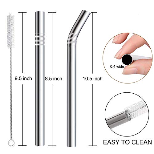 Image of Vinaco Stainless Steel Smoothie Straws, 0.4'' Extra Wide Reusable Metal Drinking Straws for Milkshake, Smoothie, Beverage, Set of 4 with 1 Cleaning Brush