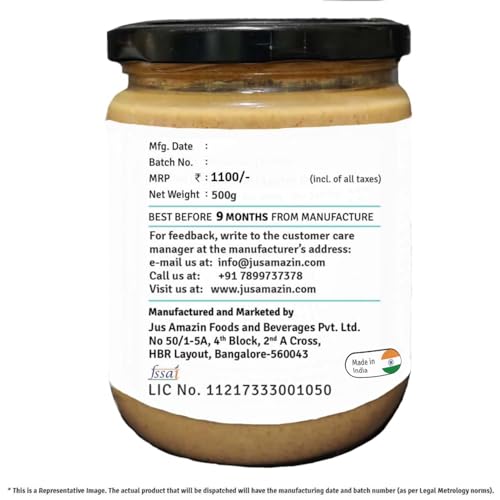 Image of Jus' Amazin Crunchy Almond Butter - Unsweetened (500 Gm)|25% Protein|Whole Almonds (100% Pure)|Zero Additives|100% Natural|Dairy Free|Keto|Plant Based Nutrition|Clean Nutrition