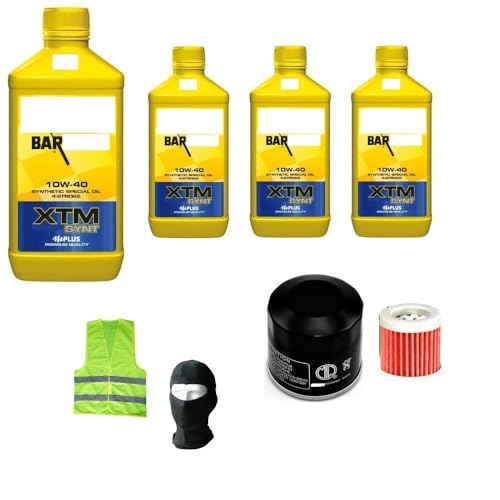 DESCRIZIONE DEL PRODOTTO: QUESTA OFFERTA PREVEDE UN KIT DI MANUTENZIONE PER MOTO, TAGLIANDO CON OLIO + FILTRO OLIO!! - RICEVERETE IN OMAGGIO SOTTOCASCO IN COTONE + GILET FLUO - 4 litri di Olio BAR - (DAHL) XTM SYNT 10W40 4T POLAR PLUS SYNTEHETIC SPECIAL OIL 4-STROKE (Lubrificante per motori 4 tempi con Tecnologia superior accelleration) - 1 Filtro olio aftermarket costruito utilizzando materiali di alta qualità e le specifiche soddisfano e superano le prestazioni in durata, (foto illustra