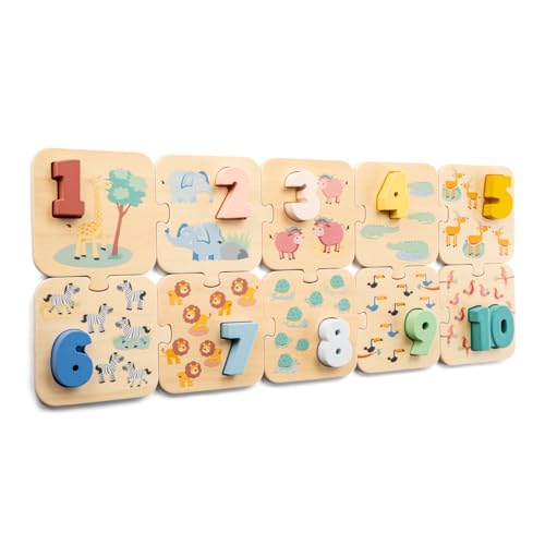 Woet Wooden Number Puzzle – FSC Certified Preschool Counting Toy for Toddlers 24 Months+ – Learn to Count 1-10 with Colorful Numbers & Safari Animals – Montessori Educational Gift for Boys and Girls