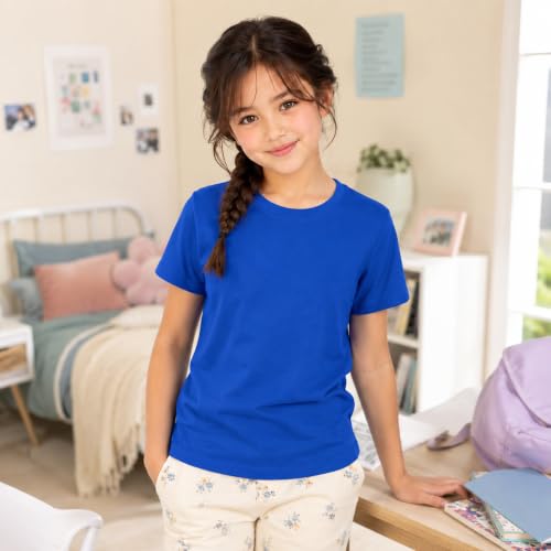 Image of Kids Round Neck Girls Tshirt | Short Sleeves | Natural Organic 100% Cotton Soft Comfortable Fabric | Plain Color Original Branded Half Sleeve | School t-Shirt for Girl Kid | Sleepwear Everyday Casual