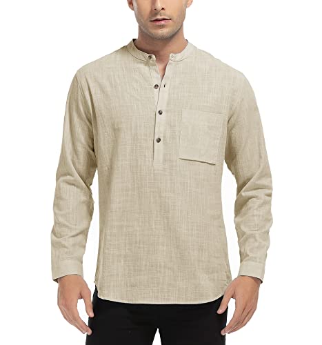 WAZZAP Chemise Lin Homme Manches Longues Col Mao Boutons Hippie Casual Plage Henley Chemise Cover