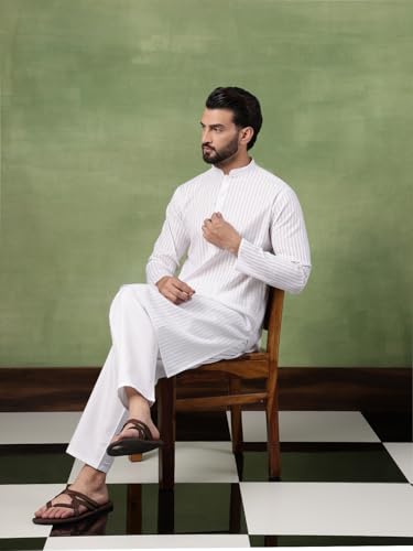Image of SOJANYA (Since 1958 Men's Pure Cotton Striped Kurta With White Pyjama