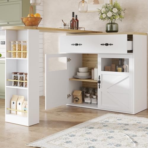 PUGSDRLY Table de Bar Extensible avec Espace de Rangement,Table Bar Cuisine Pivotant à 360°,2 Porte et 1 Tiroir,Compartiment Ouvert,Comptoir de Cuisine (E,...