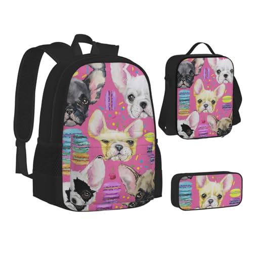 Animal Dog French Bulldog Print 3 Piece Set Backpack, Lunch Bag, Pencil Case, Cute Sturdy For College And Travel2