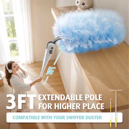 Image of 30 Count Heavy Duty Duster Refills with 3 ft Extendable Handle Starter Kit, Compatible with Swiffer Disposable Microfiber Feather Dusters for Cleaning Home