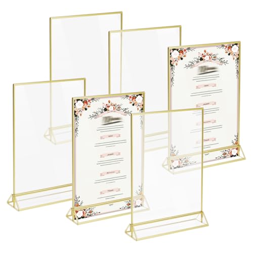QWORK® 6 Stück Gold Picture Frames, A5 Acrylic Sign Holder Double Sided, Table Number Holders, for Wedding, Restaurant