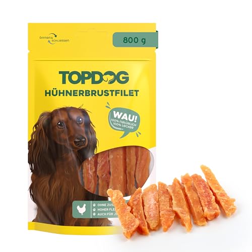 Topdog Hähnchenbrustfilet für Hunde 10x 80g - Hühnerstreifen - 100% natürlich ohne Zusatzstoffe - Schonend luftgetrocknet & fettarm - Idealer Kausnack für Hunde Aller Größen und Altersstufen