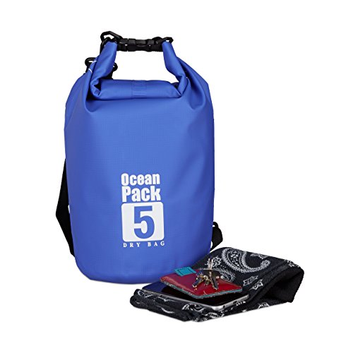 Relaxdays Bolsa Estanca 5 Litros, Mochila Ocean Pack Ligera, Impermeable, Dry Bag para Deportes, 38 x 20 x 0,5 cm, Azul