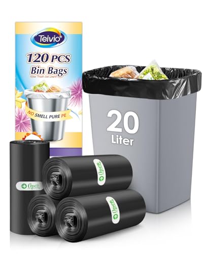 Teivio 20 Litre Small Pedal Bin Bags, 120 Count, Thick Plastic Waste Bags for Bathroom, Kitchen, Office, Fits 15-20L Bins, Black