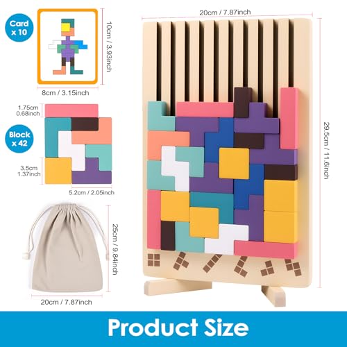 Havnidy Quebra-cabeças de madeira empilhável, conjunto Montessori 3D, blocos 3D com 10 cartões, brinquedo educativo